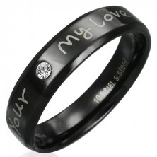 Prsten z oceli - černý s vyznáním lásky a čirým zirkonem