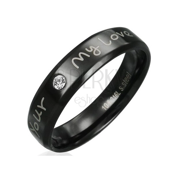 Prsten z oceli - černý s vyznáním lásky a čirým zirkonem