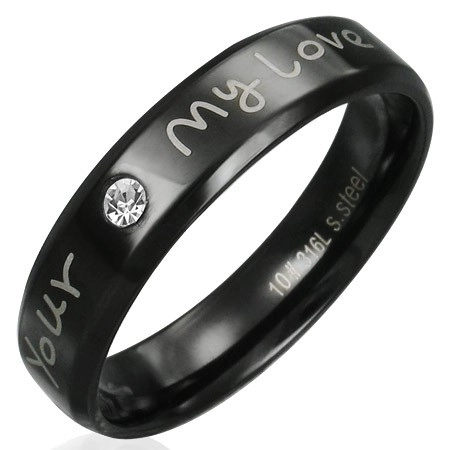 Prsten z oceli - černý s vyznáním lásky a čirým zirkonem - Velikost: 65