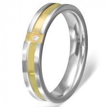 Prsten z nerezové oceli - zlatý křížený pás s čirým kamínkem