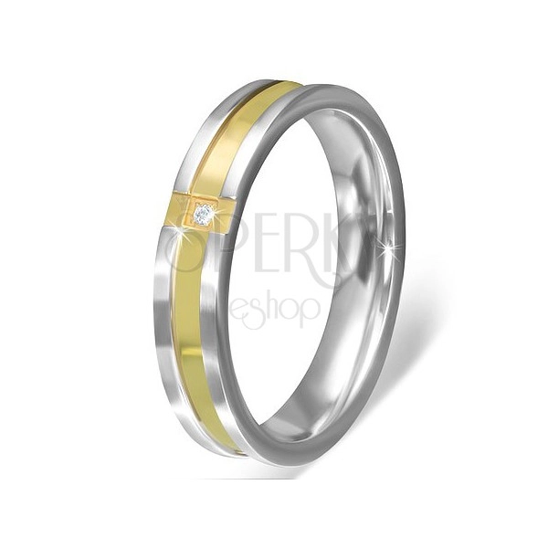 Prsten z nerezové oceli - zlatý křížený pás s čirým kamínkem