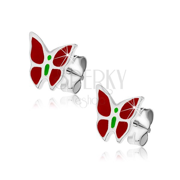 Stříbrné puzetky 925 - červeno-zelený motýl