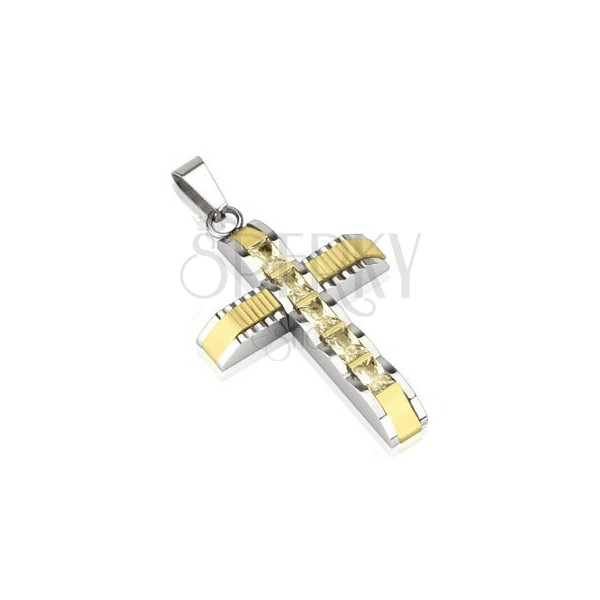 Ocelový přívěsek - kříž se zirkony a zlatým středem