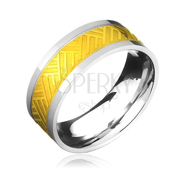Ocelový prsten - zlato-stříbrný s pruhovaným pleteným vzorem