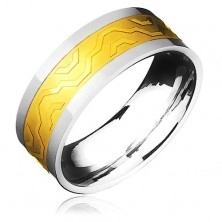 Dvoubarevný ocelový prstýnek - zlatý pás s hranatou konturou vlny