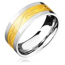 Ocelový prsten - zlato-stříbrný se zvlněným ornamentem