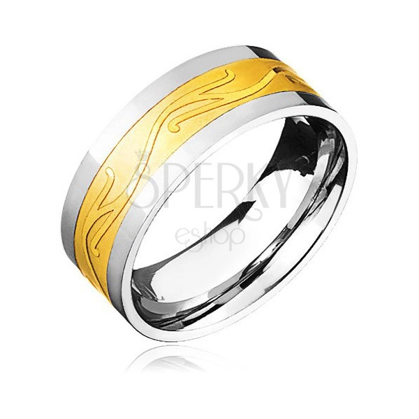 Ocelový prsten - zlato-stříbrný se zvlněným ornamentem