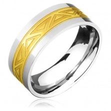 Dvoubarevný ocelový prsten - zlatý pás s motivem trojúhelníků