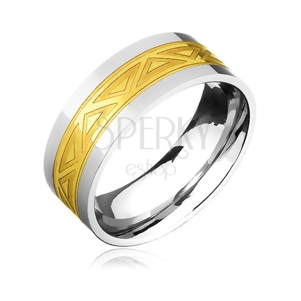 Dvoubarevný ocelový prsten - zlatý pás s motivem trojúhelníků