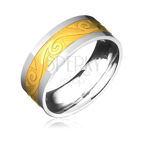 Ocelový prsten - zlato-stříbrný s motivem spirál ve vlnce