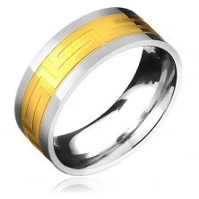 Prsten z chirurgické oceli - zlatavý pás a řecký motiv