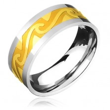 Dvoubarevný ocelový prsten - zlatý pás, motiv bouřlivých vln