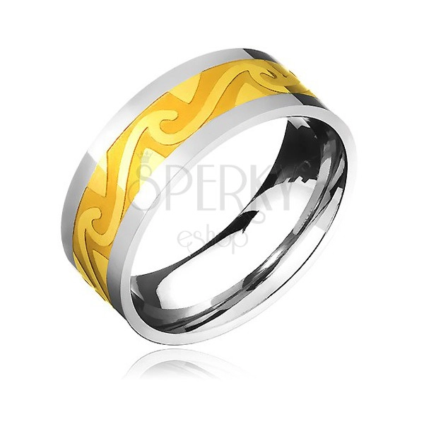 Dvoubarevný ocelový prsten - zlatý pás, motiv bouřlivých vln