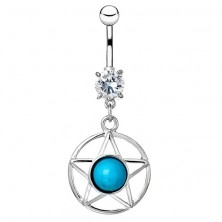 Ocelový piercing do bříška - hvězda v kruhu s modrým kamenem