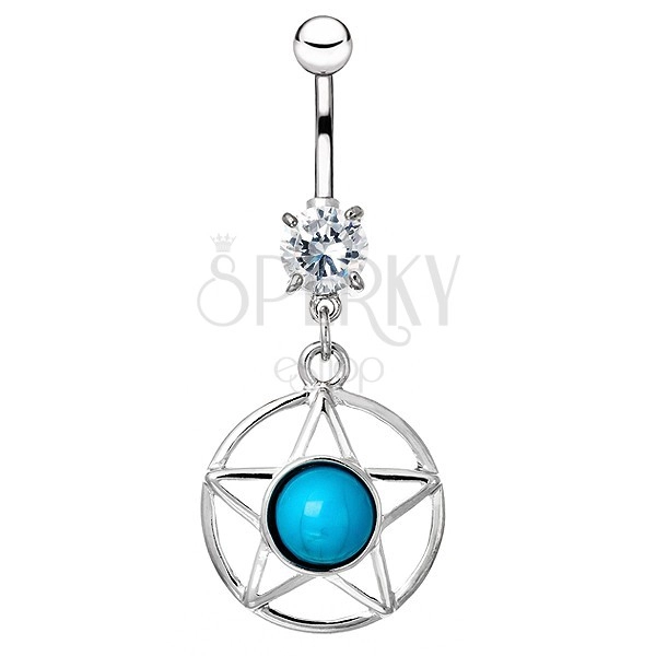 Ocelový piercing do bříška - hvězda v kruhu s modrým kamenem