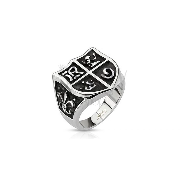 Ocelový prsten - rytířský erb se symboly