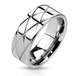 Lesklý ocelový prsten - šikmé zářezy - Velikost: 67