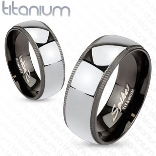 Titanový prstýnek stříbřité barvy s černým ozdobným okrajem - Velikost: 57