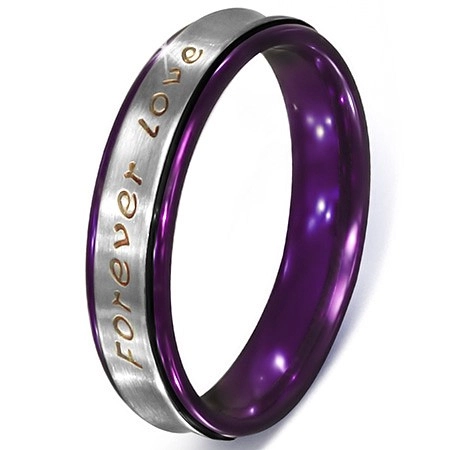 Stříbrný prsten z oceli - text Forever Love, fialové okraje - Velikost: 51