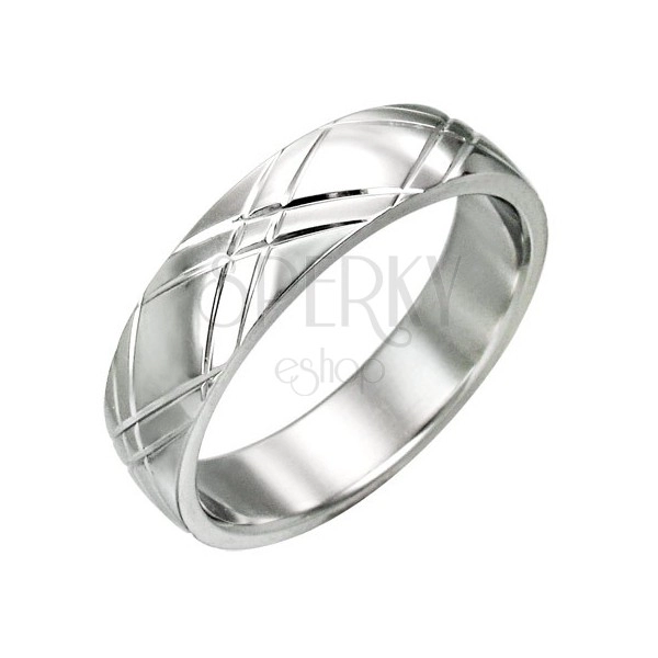 Ocelový prsten - lesklý povrch, diagonální rýhování ve tvaru X
