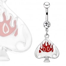 Ocelový piercing do pupíku - symbol piky s červenými plameny