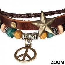 Multi náramek - pás s hvězdou, pletenec, šňůrka a symbol míru
