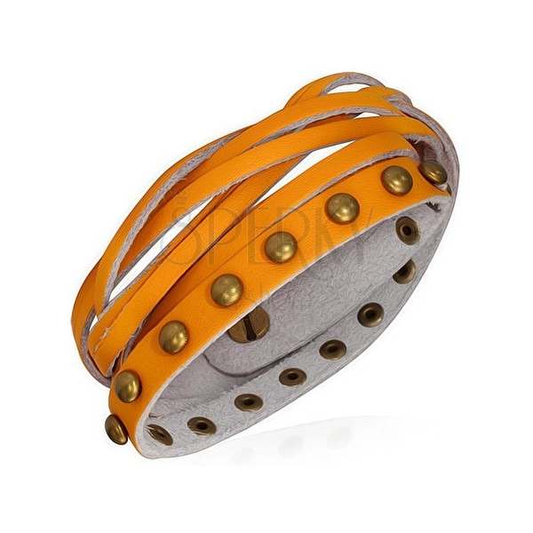 Kožený náramek - oranžové pásky, zlaté polokoule a pletenec