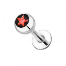 Ocelový piercing do brady - červená hvězdička na černém pozadí