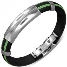 Černý náramek z gumy - vzorované zelené pásy, hladká známka