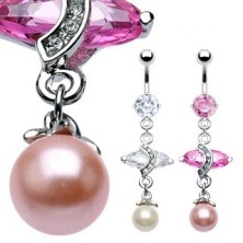 Luxusní piercing do bříška s velkým oválným zirkonem a s perlou