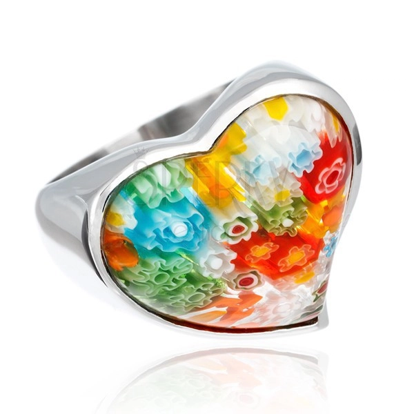 Mohutný ocelový prsten - srdce s barevnými květy ve skle