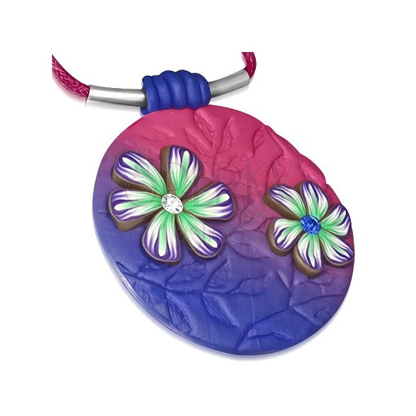 Náhrdelník fimo - růžovo-modrý kruh s kvítky na růžové šňůrce