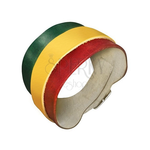 Kožený náramek - zeleno-žluto-červený pás, kovová přeska