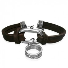 Kožený náramek - hnědé pásy, kovový ovál a prsten