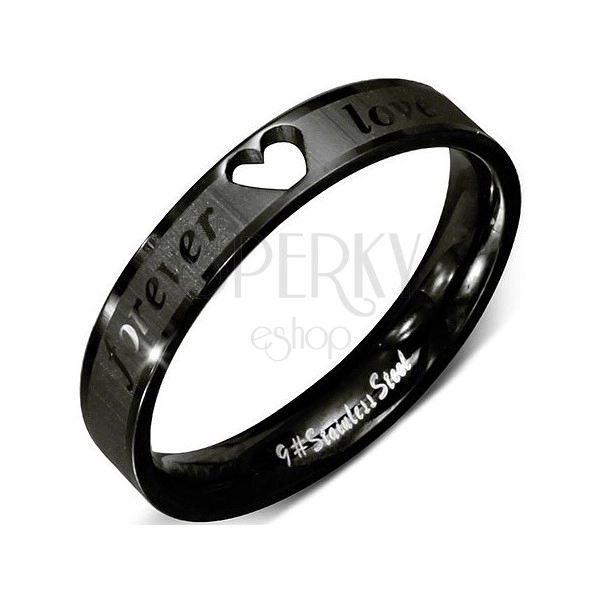 Ocelový prsten - černý kroužek s výřezem srdce a nápisem