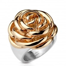 Ocelový prsten - rozkvetlý květ růže měděné barvy