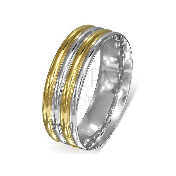 Prsten z oceli - stříbrno-zlaté zaoblené pásy