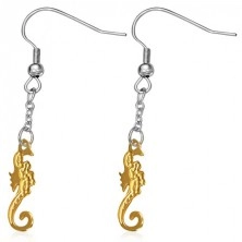Visací ocelové náušnice - zdobený mořský koník zlaté barvy