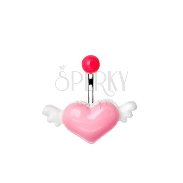 Ocelový piercing do pupku s růžovo-bílým létajícím srdcem