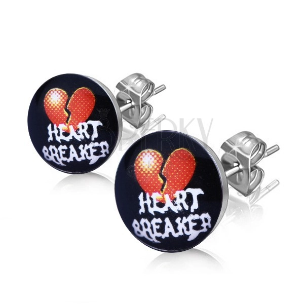 Ocelové náušnice - rozpůlené srdce, nápis "HEART BREAKER"