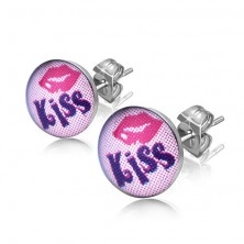 Ocelové náušnice - rty, text "KISS", růžové pozadí