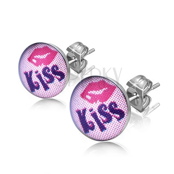 Ocelové náušnice - rty, text "KISS", růžové pozadí