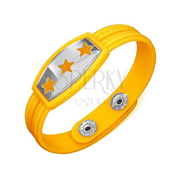 Žlutý gumový náramek - hvězdy na známce, řecký klíč
