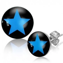 Ocelové náušnice s modrou hvězdou v černém kruhu