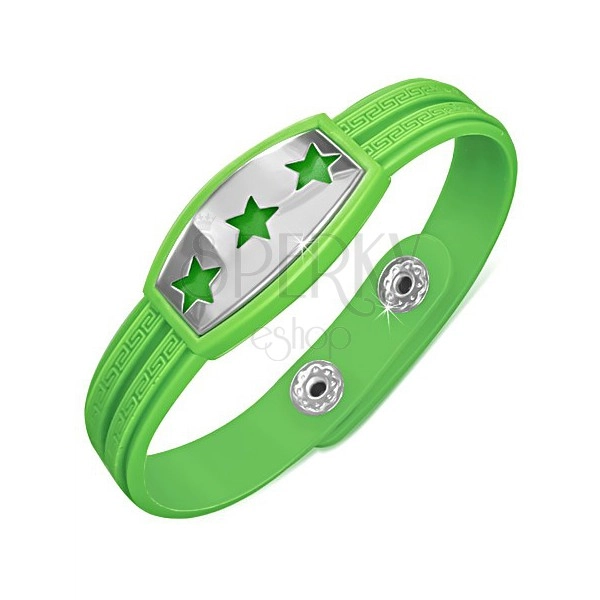 Zelený pryžový náramek - hvězdy na známce, řecký klíč