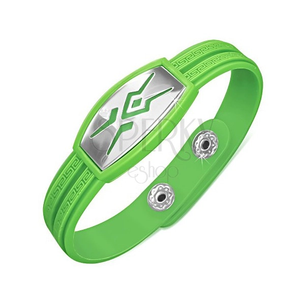 Gumový zelený náramek, tribal vzor na známce, řecký klíč