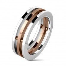 Ocelový prsten - tři pruhy, středový pás měděné barvy