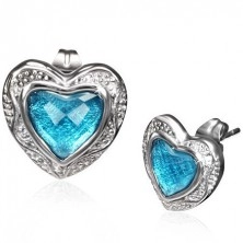 Puzetové náušnice z oceli - modré broušené srdce v lesklém rámu