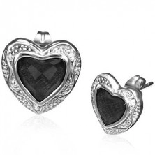 Ocelové náušnice - černý kamínek v kovovém srdci