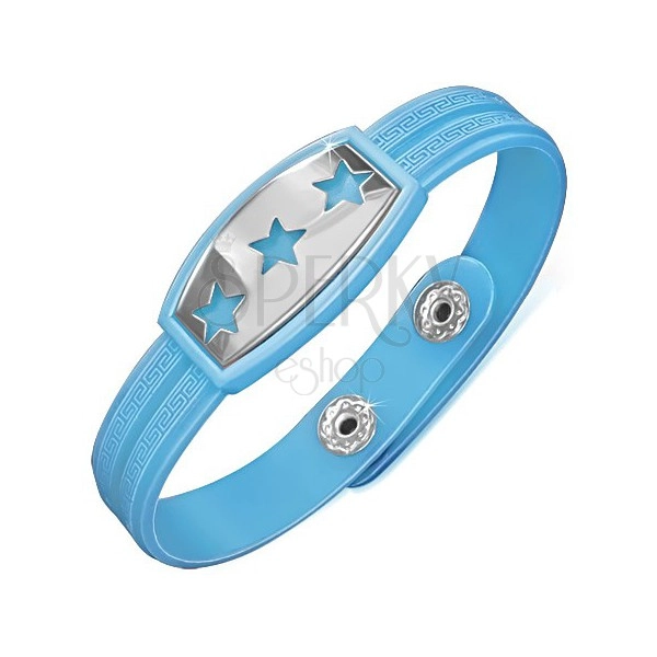 Modrý pryžový náramek s hvězdami na ocelové známce
